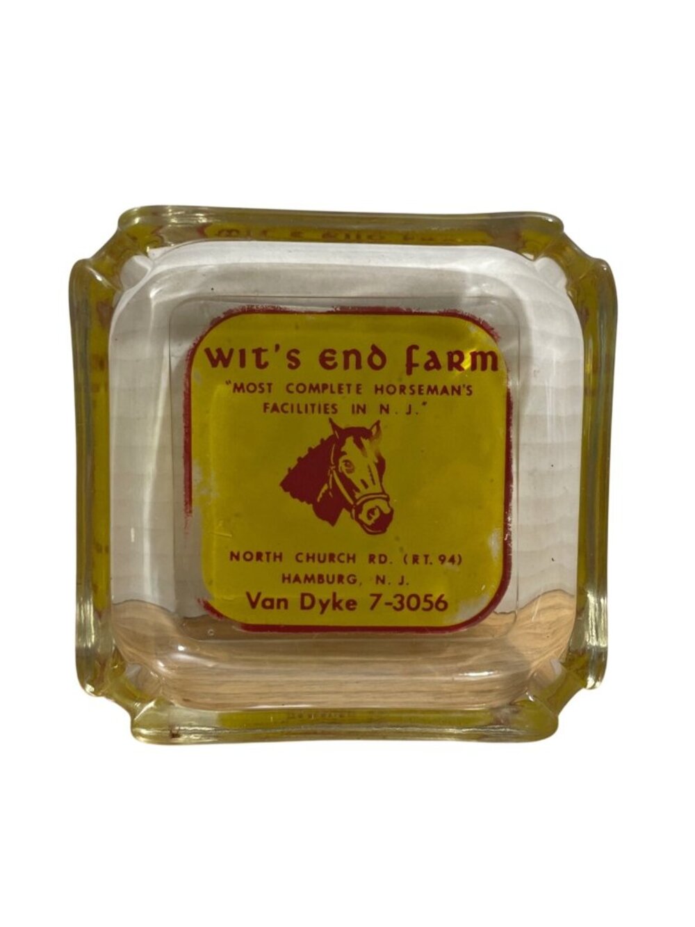 Vtg Wits End Farm Glass Ashtray Hamburg NJ Advertising Horse Graphic Retro Phone